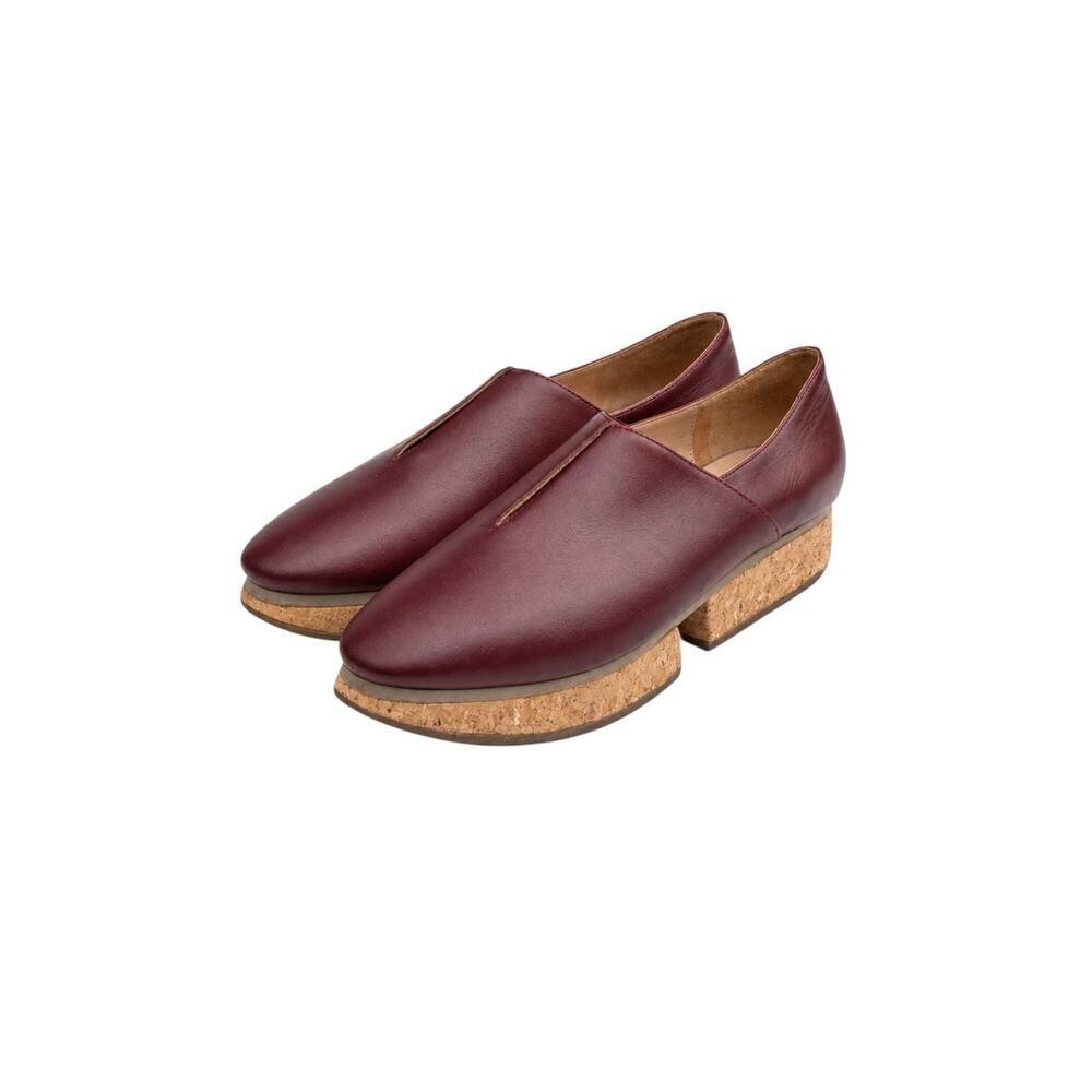 Beklina Tetouan Umber Oxblood Leather Cork Platform Split Sole Loafers V Vamp